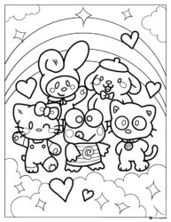Sanrio characters coloring sheet with rainbow