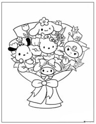 Sanrio characters in a flower bouquet coloring page