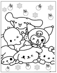 Sanrio characters pile Christmas coloring with snowflakes