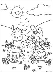 Sanrio characters strawberry picking coloring page