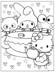 Sanrio characters tea party coloring page with hearts