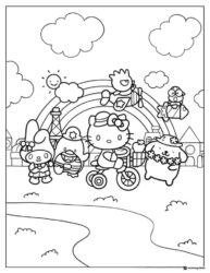 Sanrio characters with a rainbow and city coloring page 1