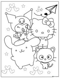 Sanrio characters with paper airplane and hearts coloring