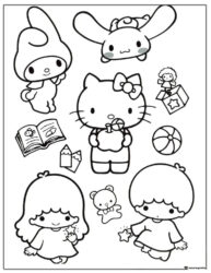 Sanrio characters with school supplies coloring page