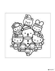 Sanrio characters with snowman coloring page
