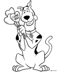 Scooby Doo Coloring Page holding I Love You hearts