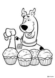 Scooby Doo Coloring Page with four cupcakes