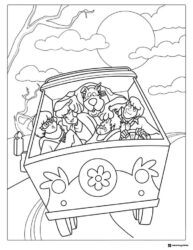 Scooby Doo and gang riding in the Mystery Machine