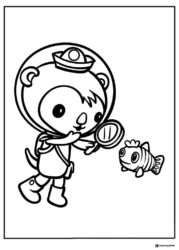 Shellington from Octonauts examining a fish coloring page
