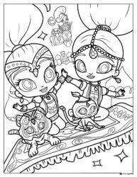 Shimmer and Shine on magic carpet with pets Coloring Page