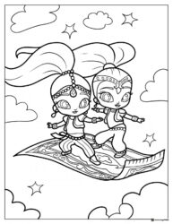 Shimmer and Shine riding a magic carpet coloring page