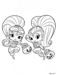 Shimmer and Shine trick or treating with pumpkins coloring page
