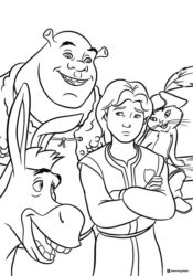 Shrek Donkey Prince Charming and Puss in Boots Coloring Page