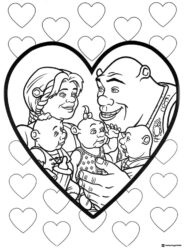 Shrek Family Coloring Page in a Heart with More Hearts