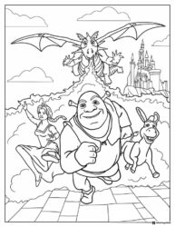 Shrek Fiona Donkey and Dragon with castle coloring page