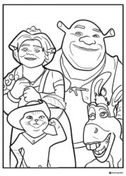 Shrek Fiona Puss in Boots and Donkey coloring page