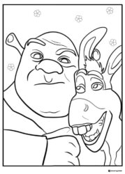 Shrek and Donkey close up with flowers coloring page