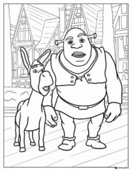 Shrek and Donkey in a village coloring page