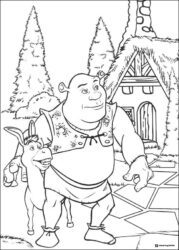 Shrek and Donkey outside the house coloring page