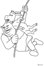 Shrek and Donkey swinging on a vine coloring page