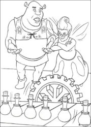 Shrek and Fairy Godmother with potions coloring page