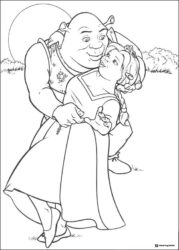 Shrek and Fiona dancing in field coloring page