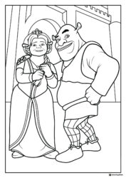 Shrek and Fiona dancing in front of castle coloring page