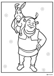 Shrek holding Donkey with flowers coloring page
