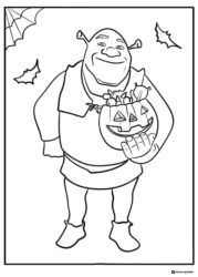 Shrek holding Halloween pumpkin with bats coloring page