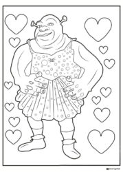 Shrek in a polka dot dress with hearts coloring