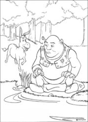 Shrek sitting by water with Donkey coloring page