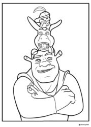 Shrek with Donkey and Puss in Boots on head coloring page