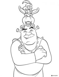 Shrek with Donkey and Puss in Boots on his head