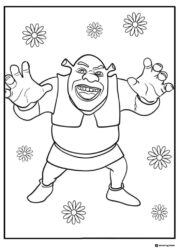 Shrek with outstretched arms and flowers coloring page