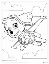 Skye Coloring Page Flying with Jetpack in Clouds