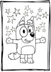 Smiling Bluey Coloring Sheet with Stars in the Background