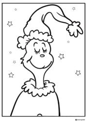 Smiling Grinch Coloring Page with Eyes Closed and Santa Hat