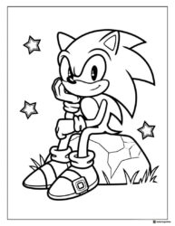 Smiling Sonic Coloring Page Sitting on Rock with Stars