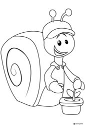 Smiling snail wearing a cap and holding a potted plant
