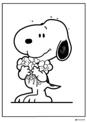 Snoopy Coloring Page Holding a Bouquet of Flowers