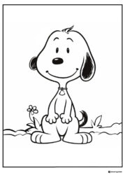 Snoopy Coloring Page Sitting with Flower