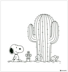 Snoopy Coloring Page with Various Cacti Plants