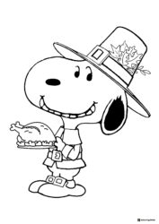 Snoopy Pilgrim holding a turkey coloring page
