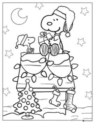 Snoopy and Woodstock decorating doghouse for Christmas Coloring Page
