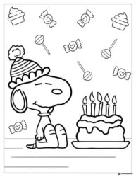 Snoopy celebrating birthday with cake and treats Coloring Page