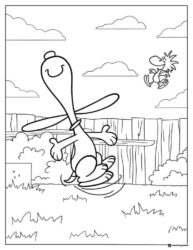 Snoopy dancing with Woodstock in the background Coloring Page