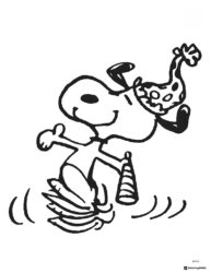 Snoopy dancing with a party hat and noisemaker Coloring Page