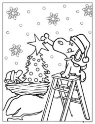 Snoopy decorating a Christmas tree in the snow Coloring Page