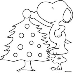 Snoopy decorating a Christmas tree with Woodstock Coloring Page