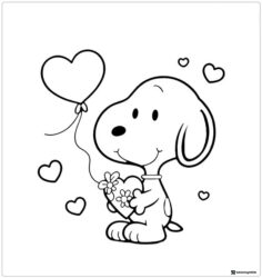 Snoopy holding a flowered heart and a balloon Coloring Page